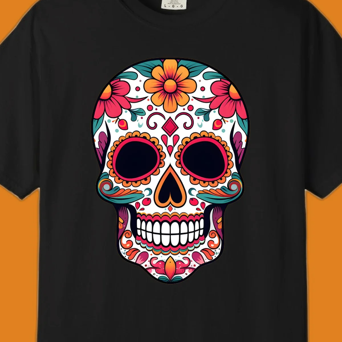 A vibrant floral calavera skull illustration adorned with flowers, leaves, hearts, and filigree in pink, orange, yellow, teal, and purple.