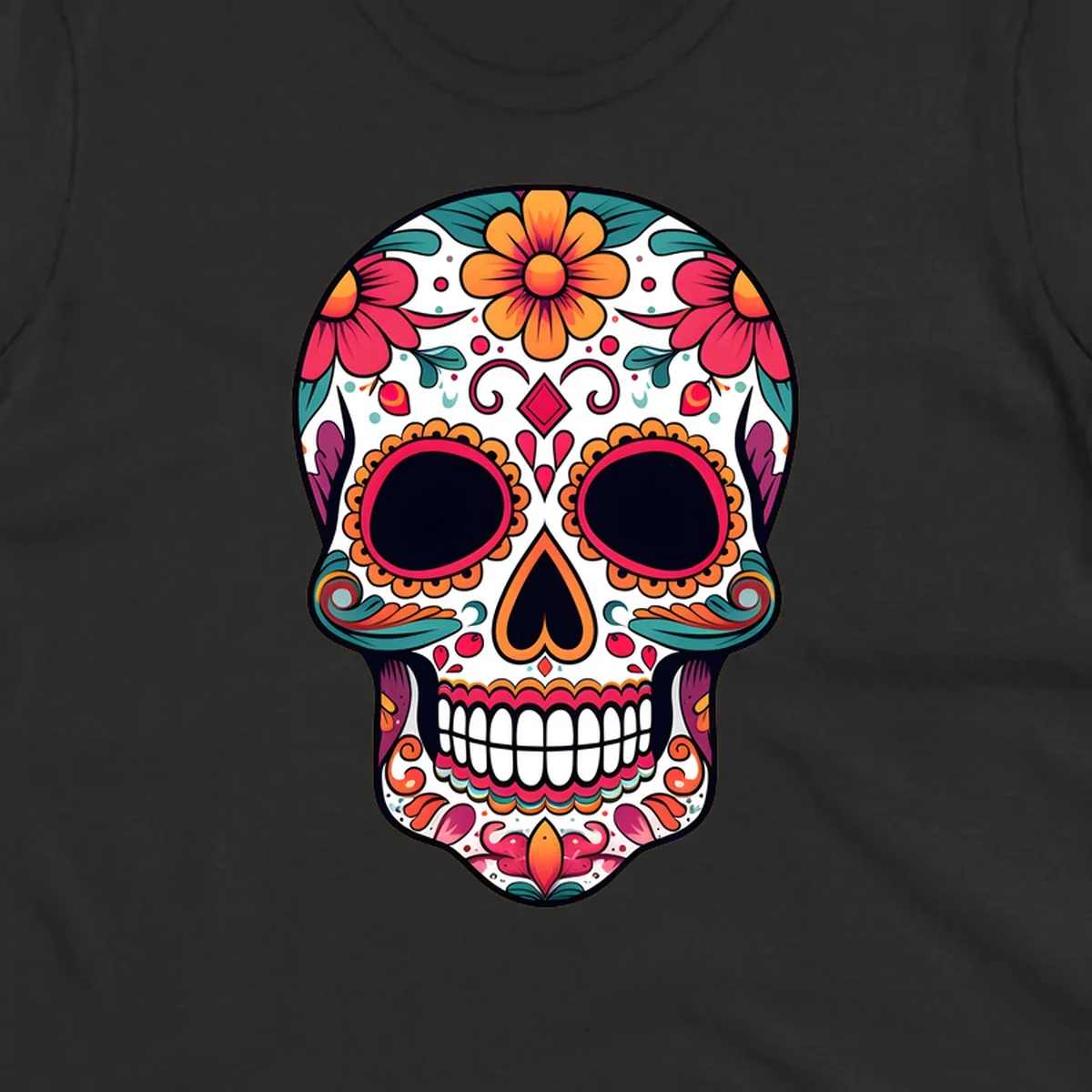 A vibrant floral calavera skull illustration adorned with flowers, leaves, hearts, and filigree in pink, orange, yellow, teal, and purple.