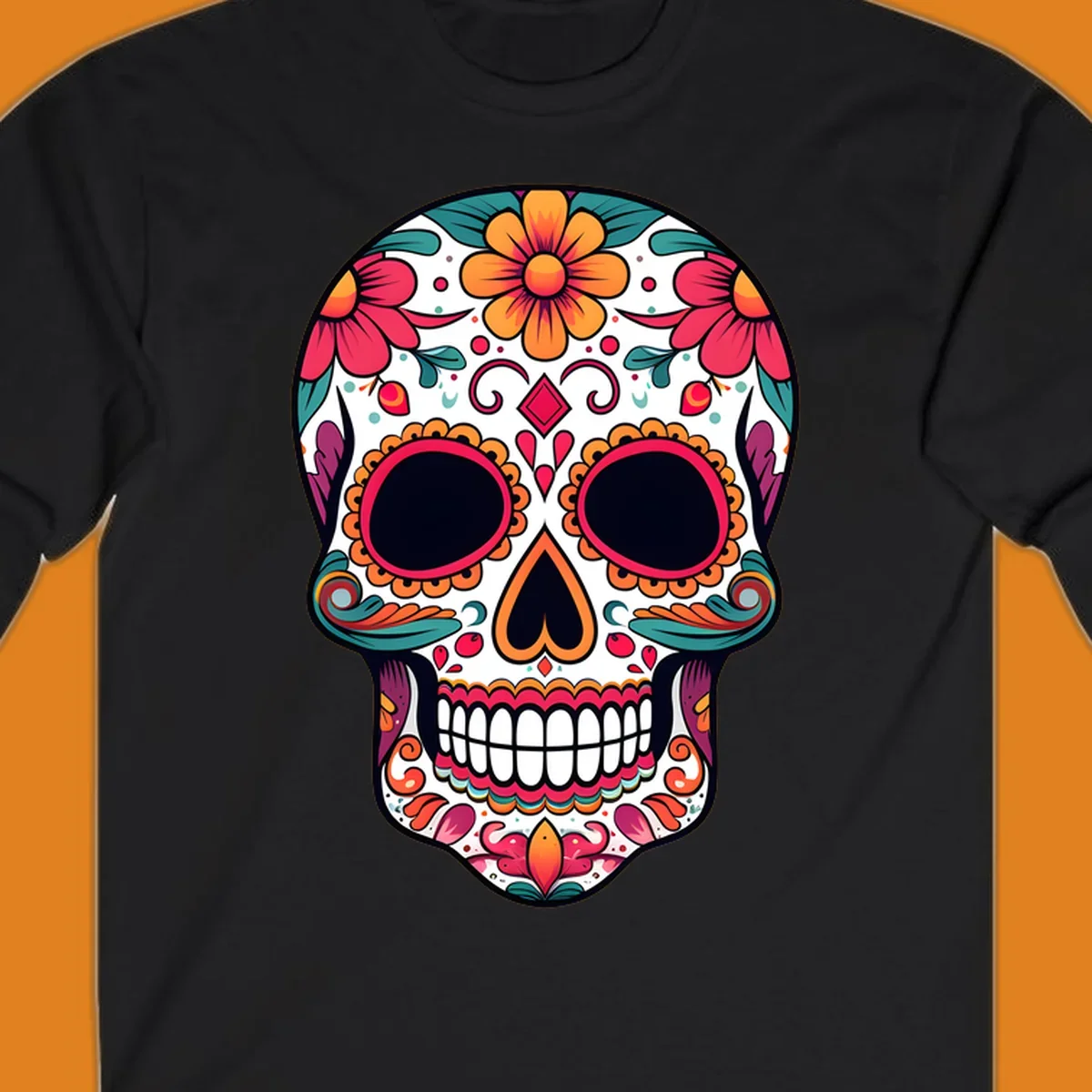 A vibrant floral calavera skull illustration adorned with flowers, leaves, hearts, and filigree in pink, orange, yellow, teal, and purple.