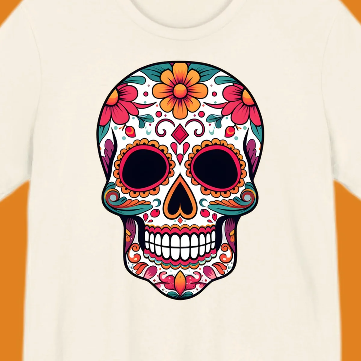 A vibrant floral calavera skull illustration adorned with flowers, leaves, hearts, and filigree in pink, orange, yellow, teal, and purple.