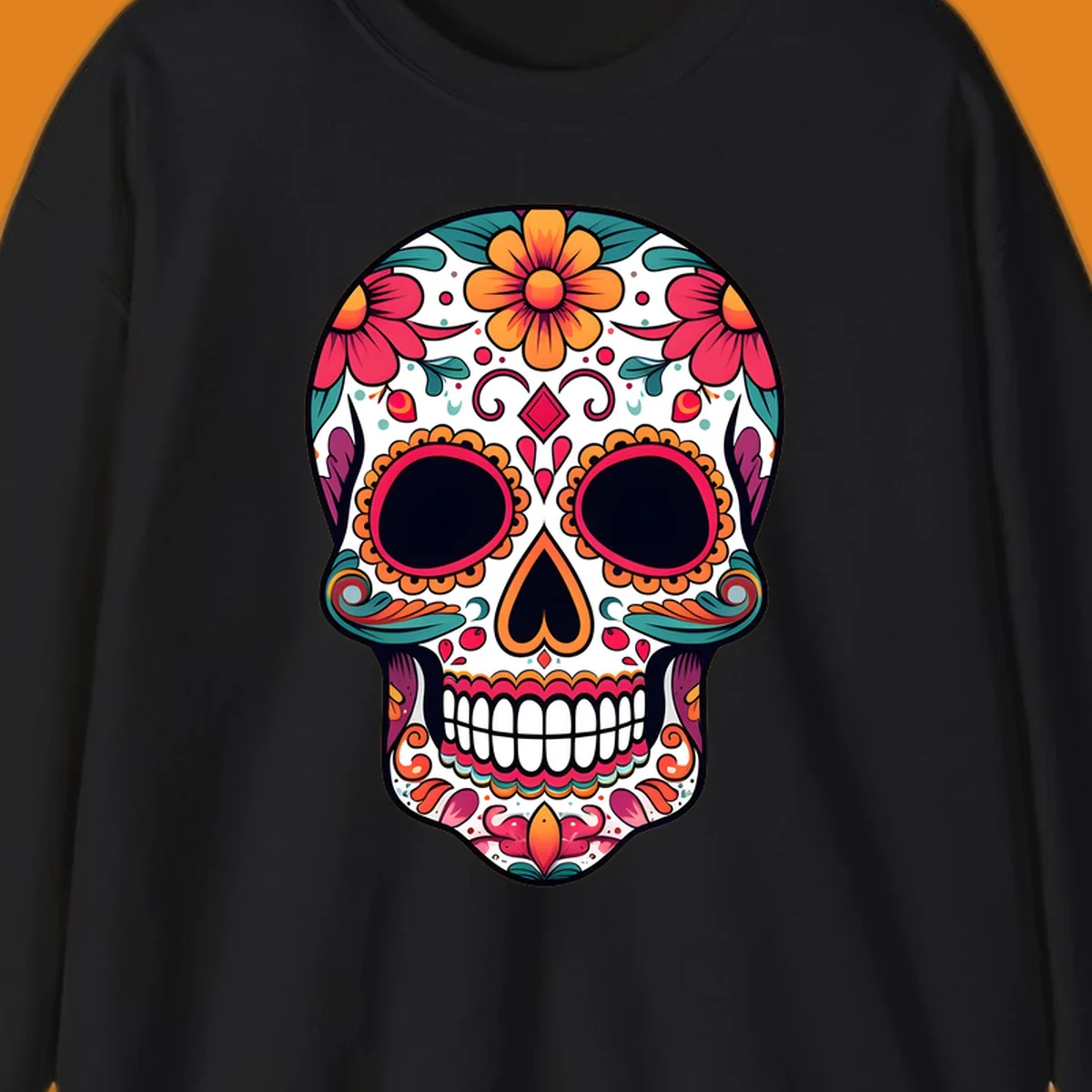 A vibrant floral calavera skull illustration adorned with flowers, leaves, hearts, and filigree in pink, orange, yellow, teal, and purple.
