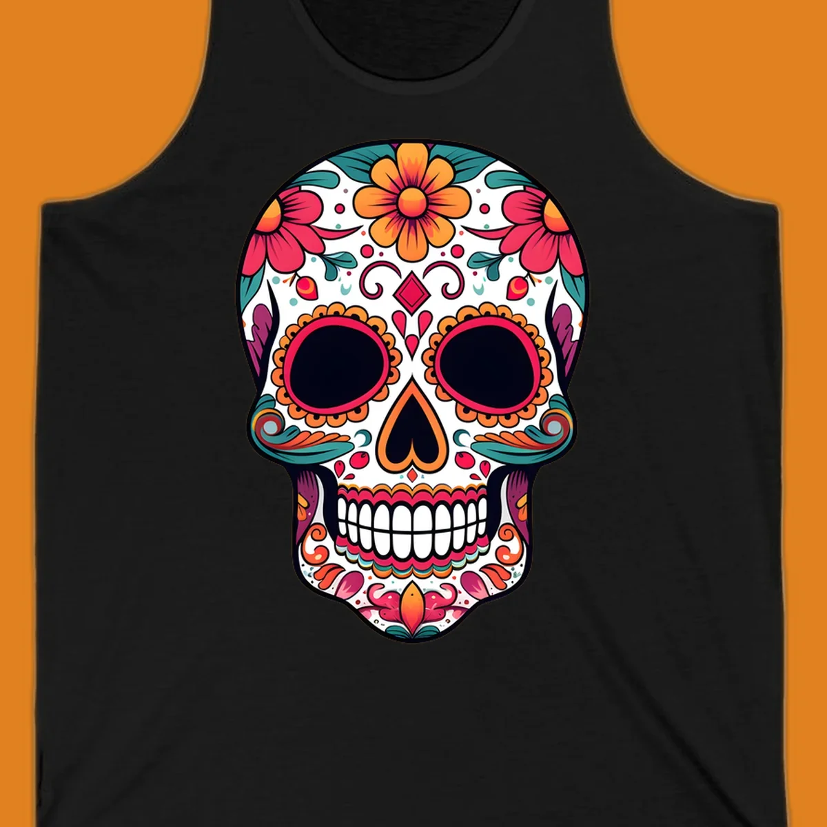 A vibrant floral calavera skull illustration adorned with flowers, leaves, hearts, and filigree in pink, orange, yellow, teal, and purple.