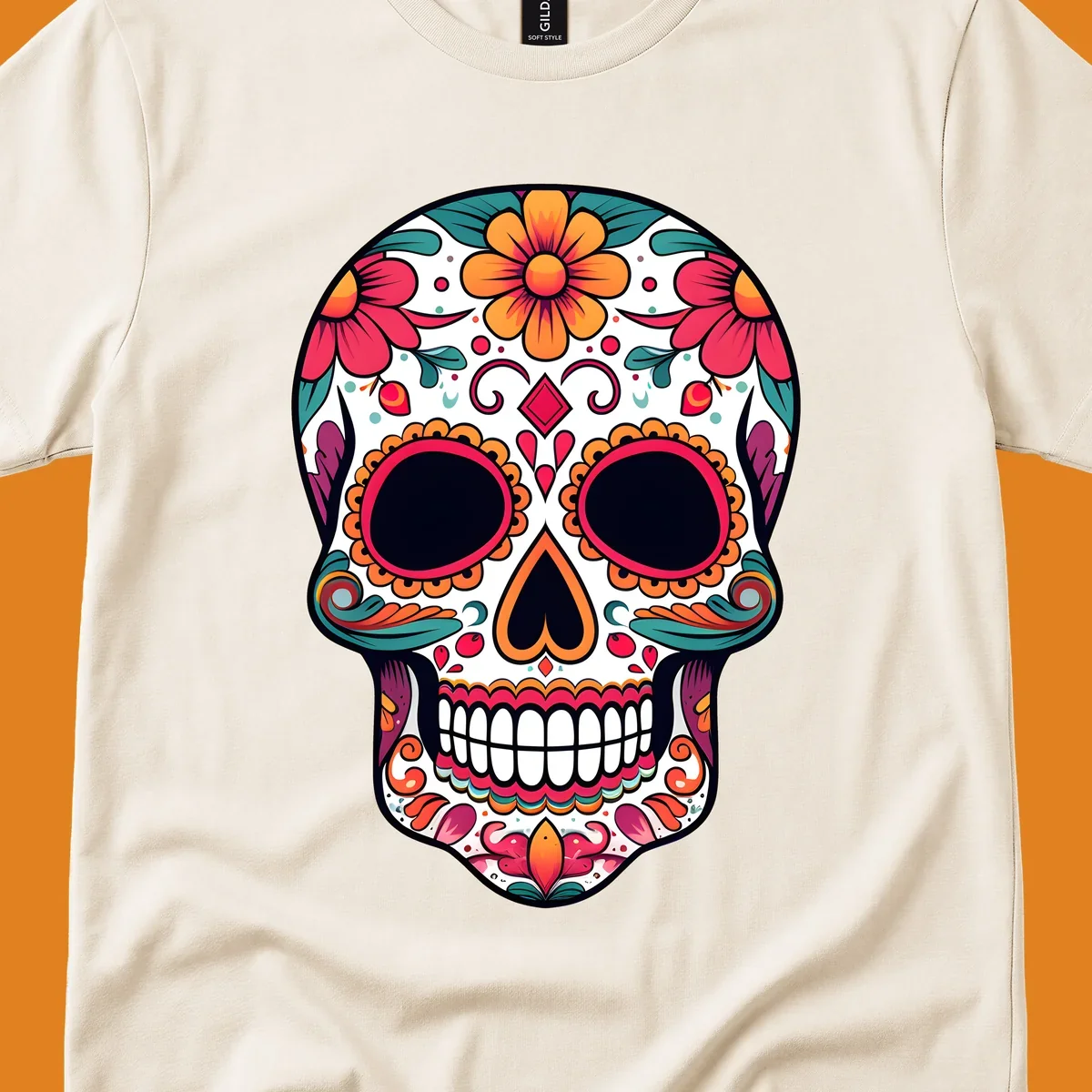 A vibrant floral calavera skull illustration adorned with flowers, leaves, hearts, and filigree in pink, orange, yellow, teal, and purple.