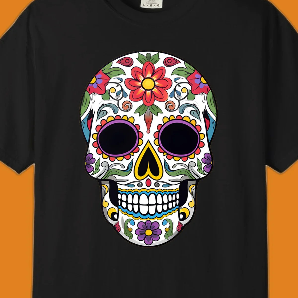 A vibrant, colorful floral sugar skull, or calavera, with large red and purple flowers, green leaves, and intricate patterns.