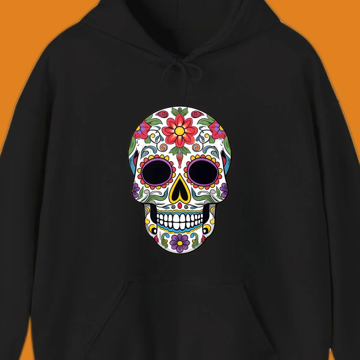 A vibrant, colorful floral sugar skull, or calavera, with large red and purple flowers, green leaves, and intricate patterns.