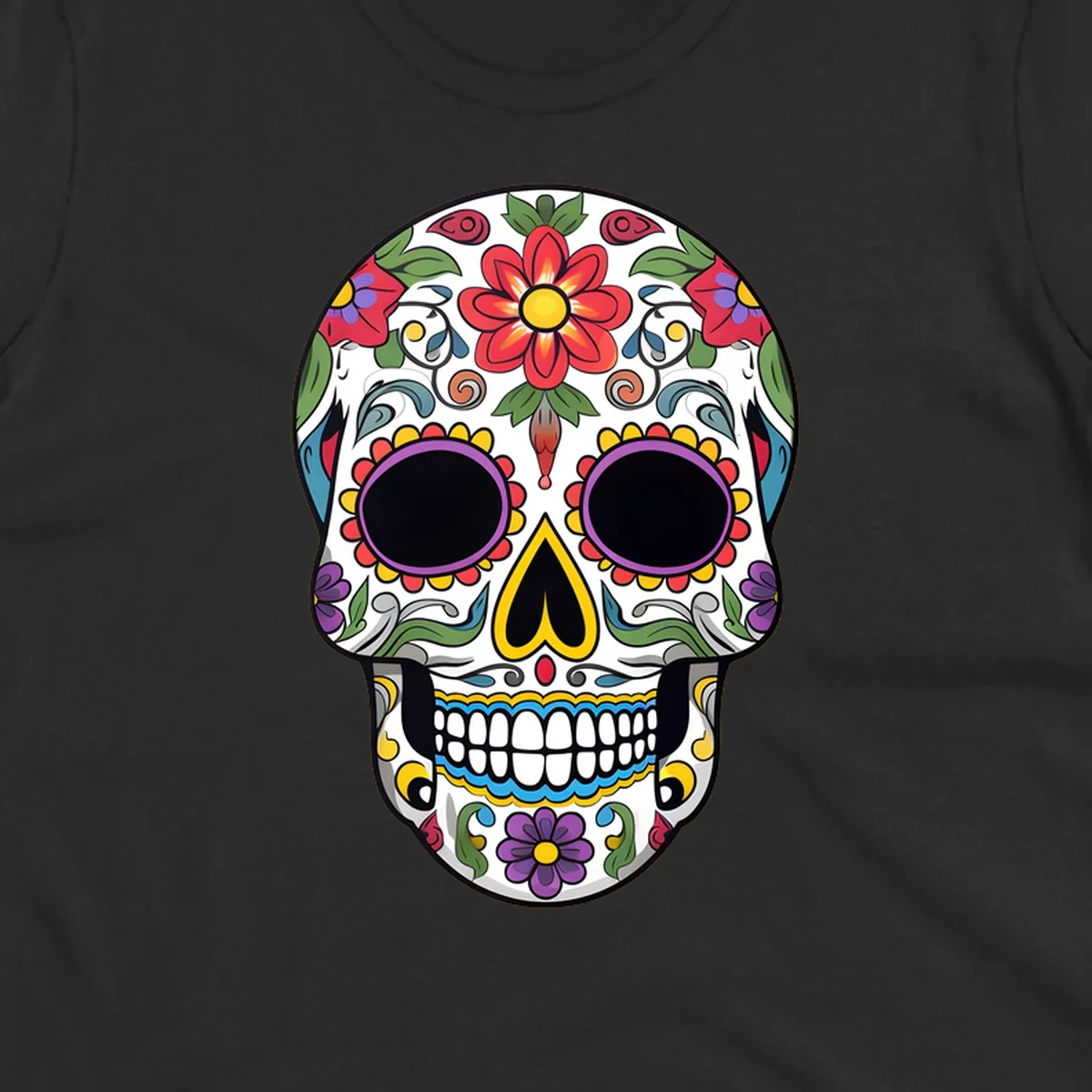 A vibrant, colorful floral sugar skull, or calavera, with large red and purple flowers, green leaves, and intricate patterns.
