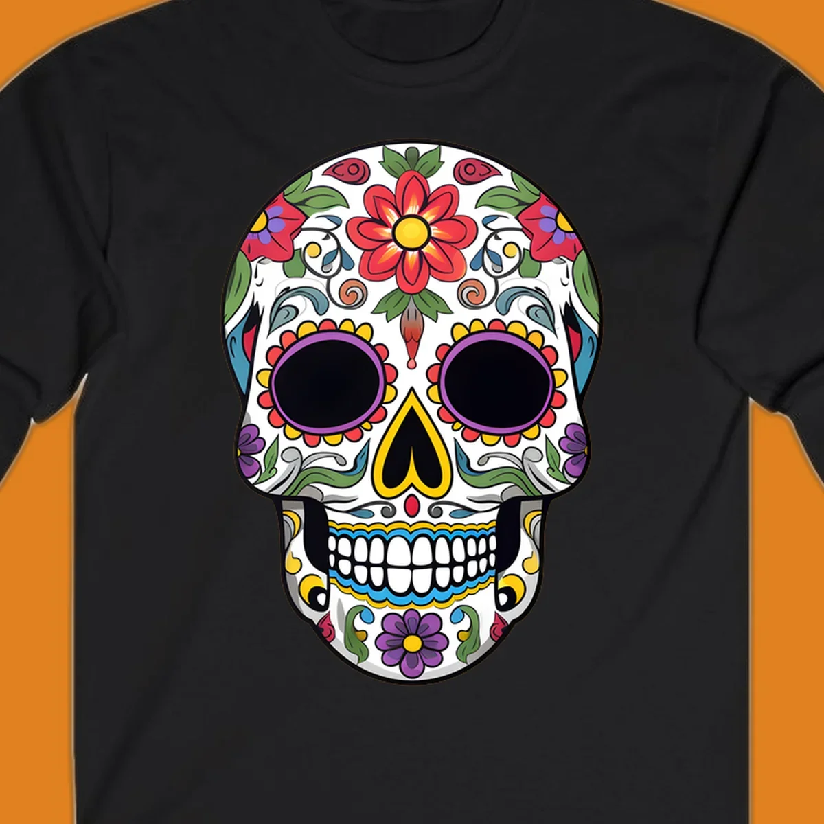 A vibrant, colorful floral sugar skull, or calavera, with large red and purple flowers, green leaves, and intricate patterns.