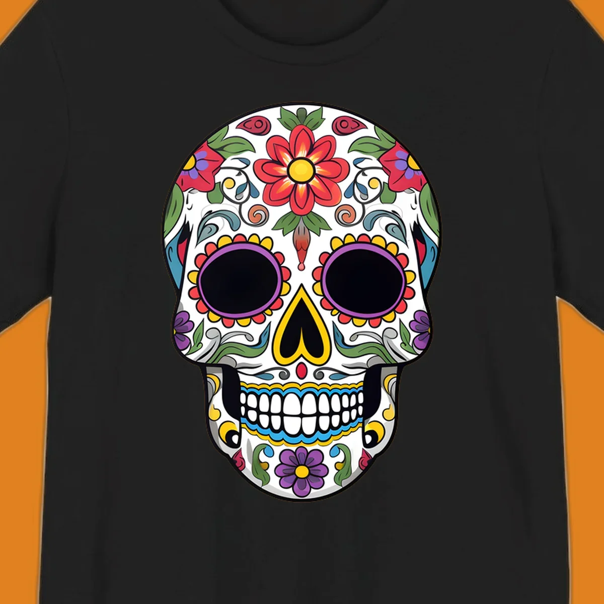 A vibrant, colorful floral sugar skull, or calavera, with large red and purple flowers, green leaves, and intricate patterns.