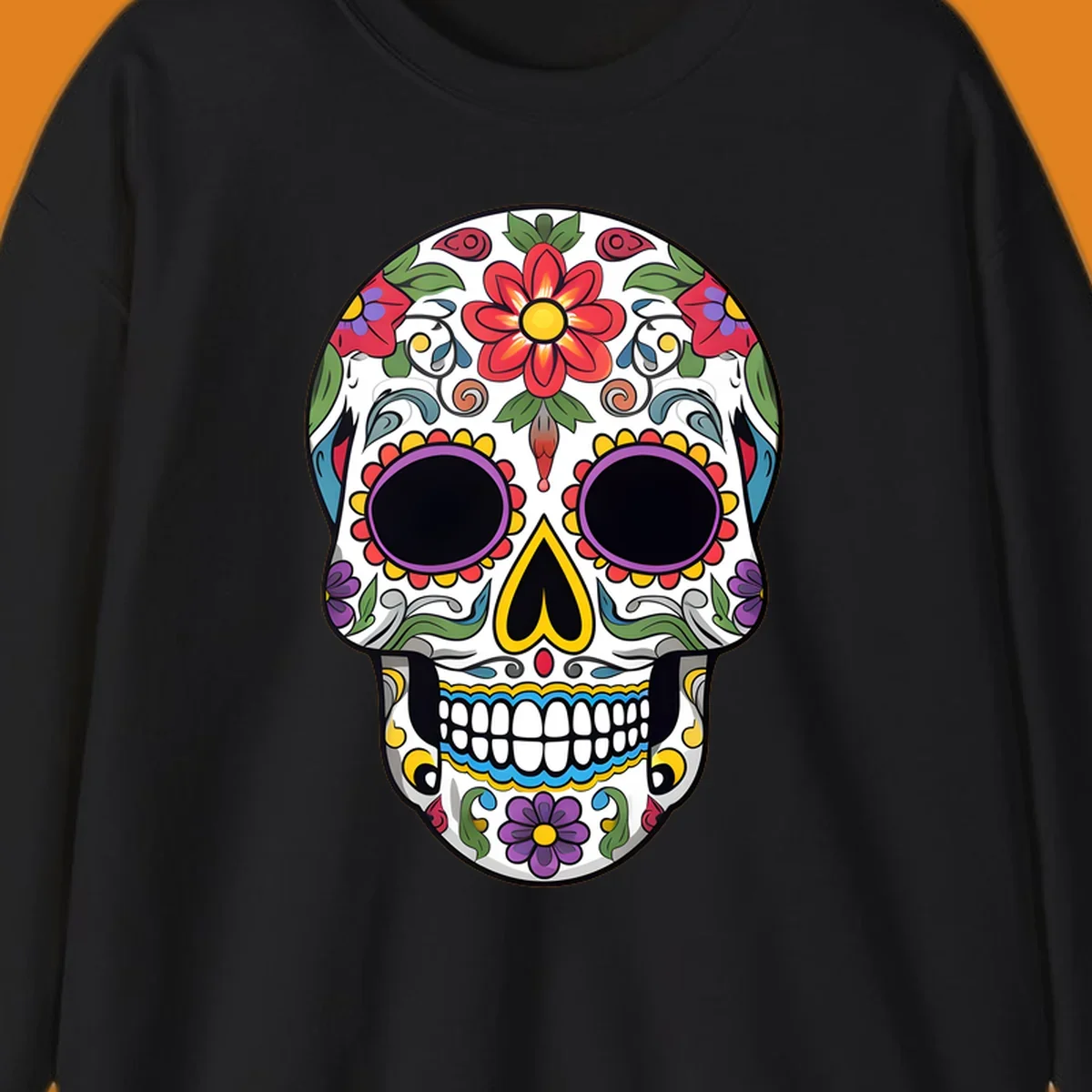 A vibrant, colorful floral sugar skull, or calavera, with large red and purple flowers, green leaves, and intricate patterns.
