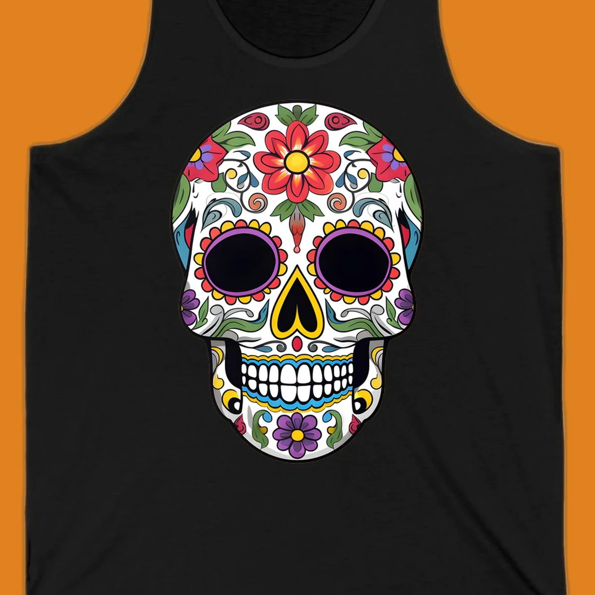 A vibrant, colorful floral sugar skull, or calavera, with large red and purple flowers, green leaves, and intricate patterns.