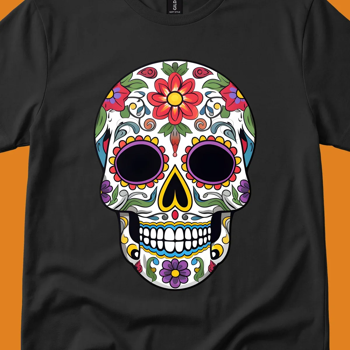 A vibrant, colorful floral sugar skull, or calavera, with large red and purple flowers, green leaves, and intricate patterns.