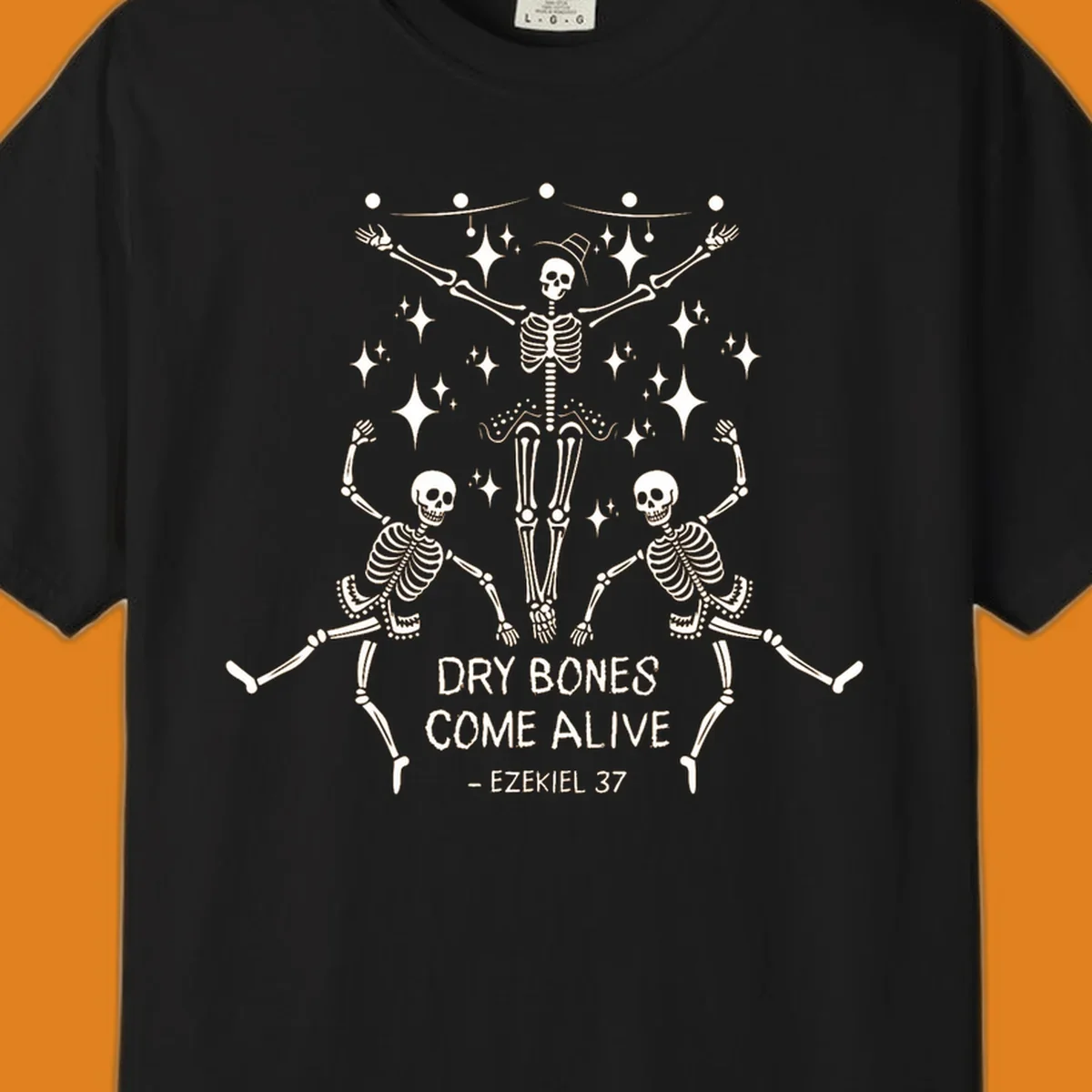 Dancing skeletons illustration with text 'Dry Bones Come Alive - Ezekiel 37'.