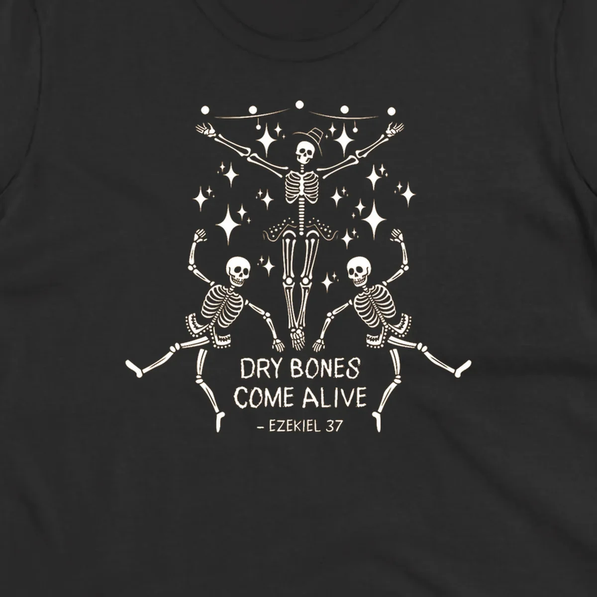 Dancing skeletons illustration with text 'Dry Bones Come Alive - Ezekiel 37'.