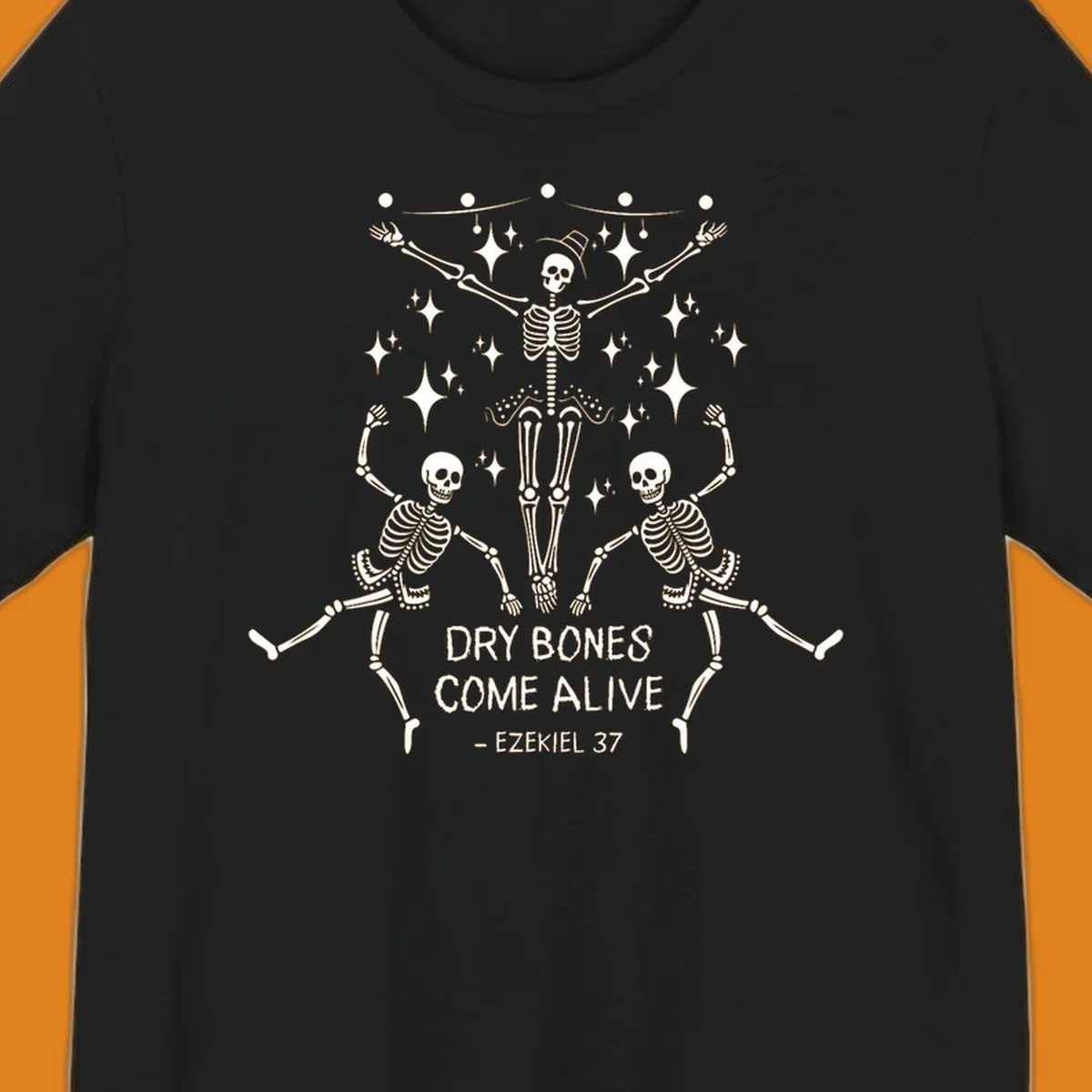 Dancing skeletons illustration with text 'Dry Bones Come Alive - Ezekiel 37'.