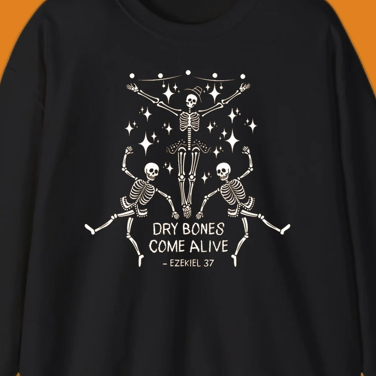 Dancing skeletons illustration with text 'Dry Bones Come Alive - Ezekiel 37'.