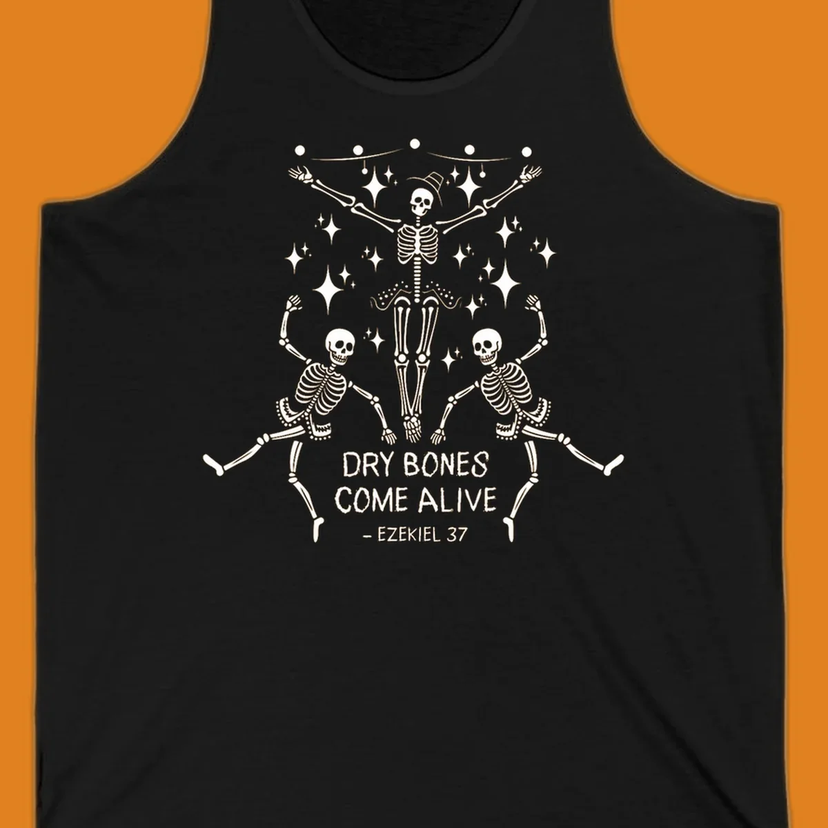 Dancing skeletons illustration with text 'Dry Bones Come Alive - Ezekiel 37'.
