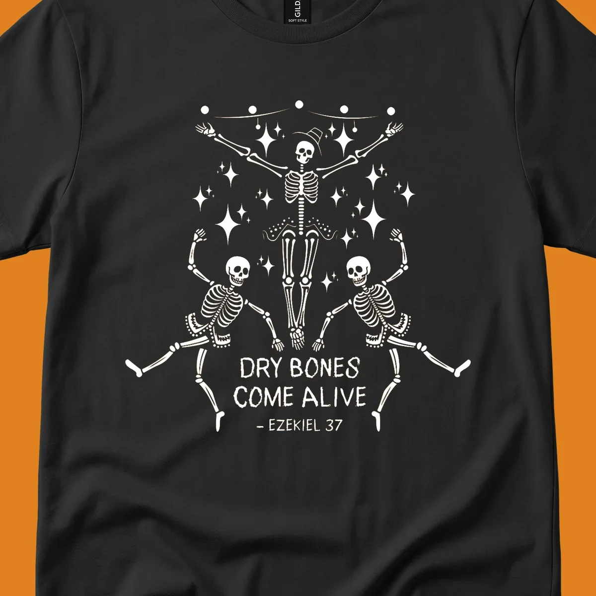 Dancing skeletons illustration with text 'Dry Bones Come Alive - Ezekiel 37'.