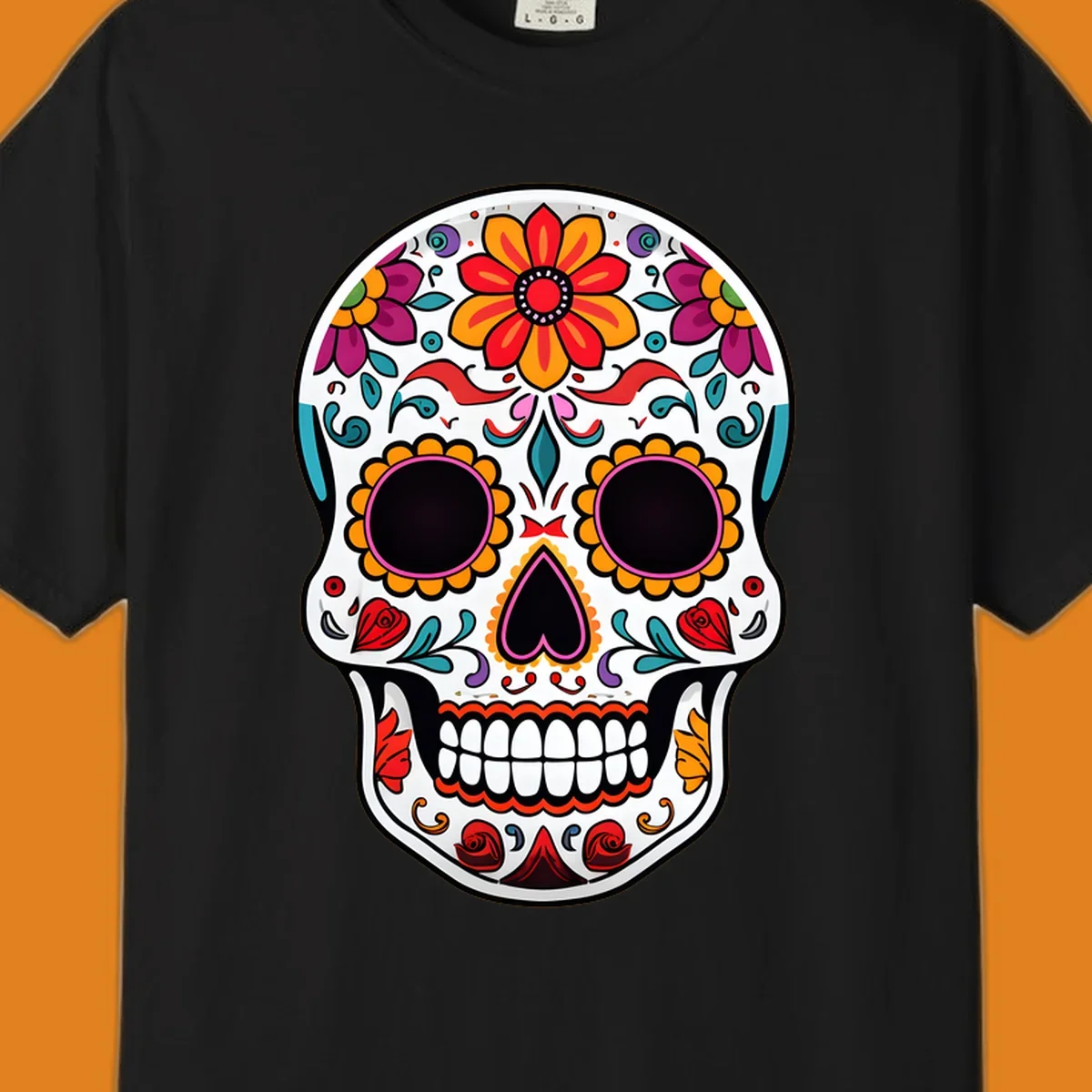 A vibrant floral sugar skull, or calavera, with intricate red, orange, yellow, pink, purple, teal, and green flowers and swirls.