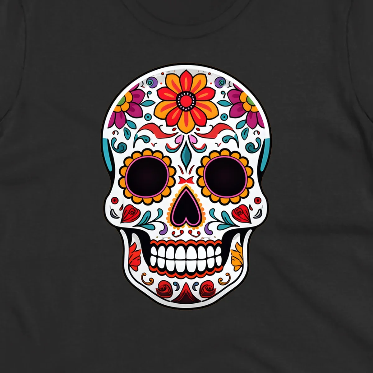 A vibrant floral sugar skull, or calavera, with intricate red, orange, yellow, pink, purple, teal, and green flowers and swirls.