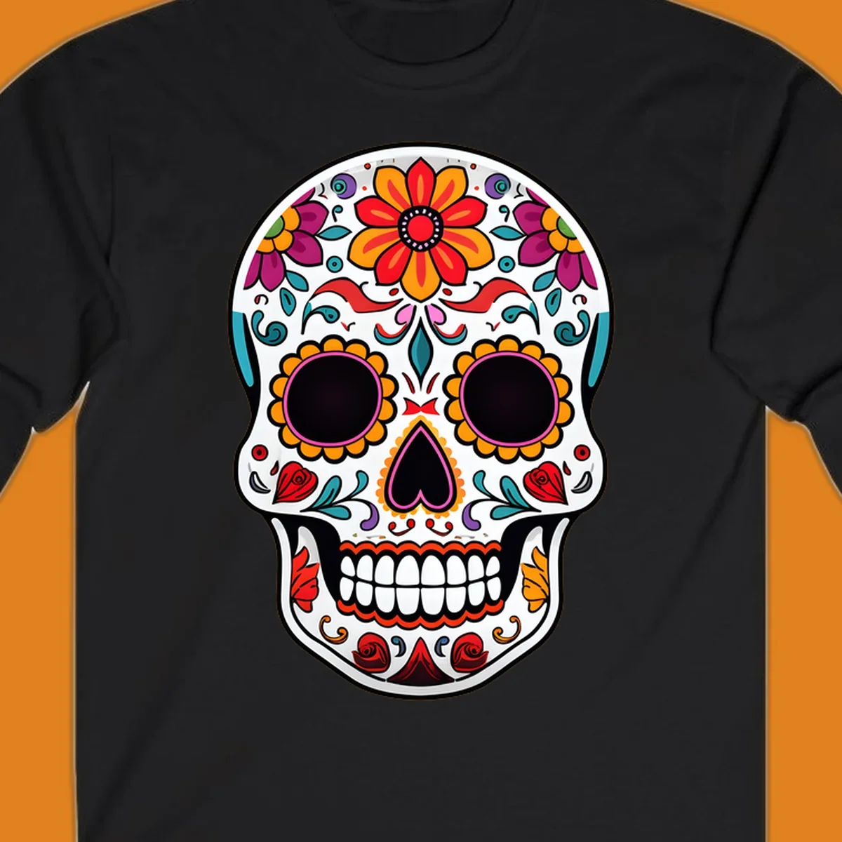 A vibrant floral sugar skull, or calavera, with intricate red, orange, yellow, pink, purple, teal, and green flowers and swirls.