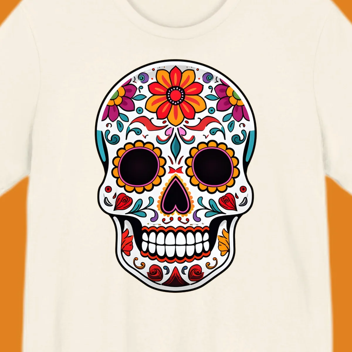 A vibrant floral sugar skull, or calavera, with intricate red, orange, yellow, pink, purple, teal, and green flowers and swirls.