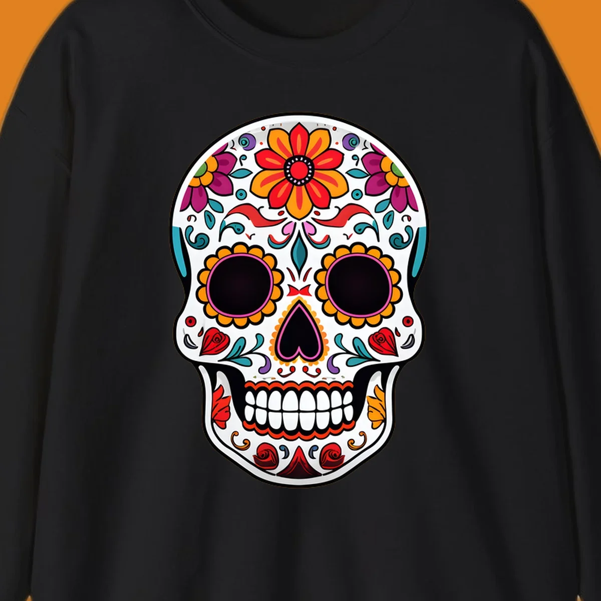 A vibrant floral sugar skull, or calavera, with intricate red, orange, yellow, pink, purple, teal, and green flowers and swirls.