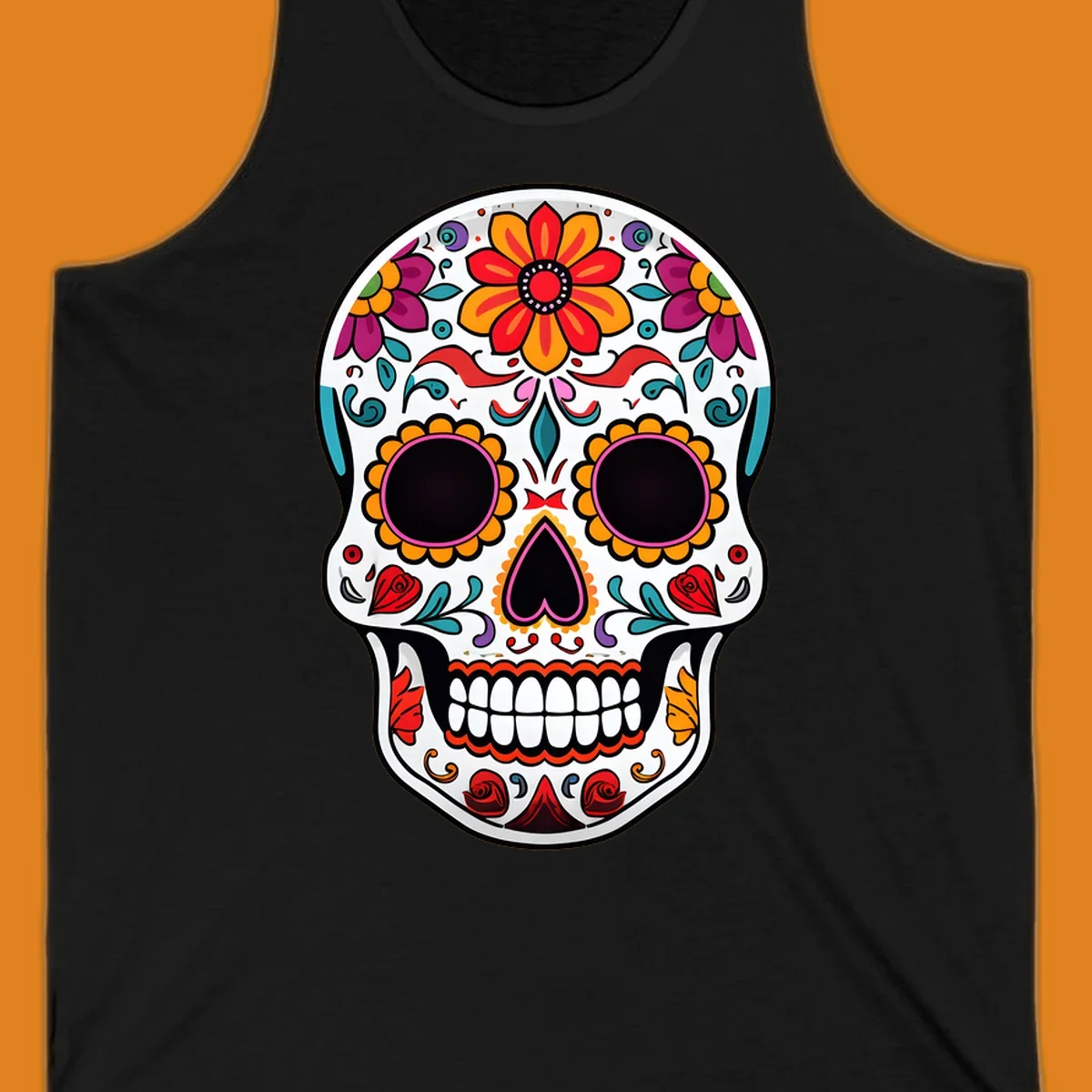 A vibrant floral sugar skull, or calavera, with intricate red, orange, yellow, pink, purple, teal, and green flowers and swirls.