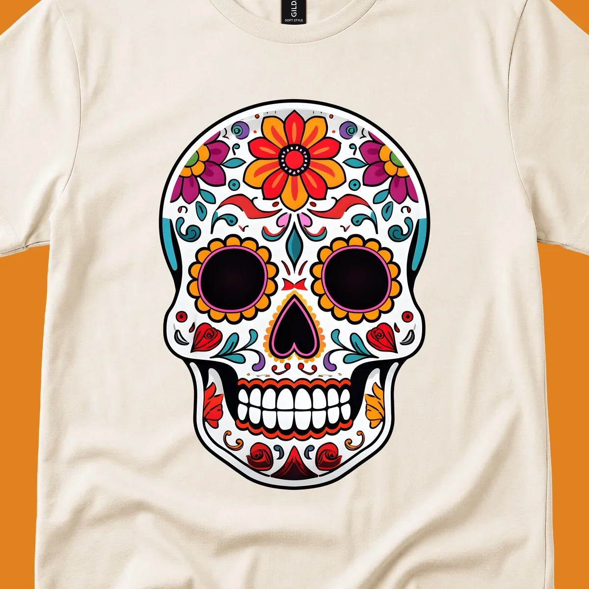 A vibrant floral sugar skull, or calavera, with intricate red, orange, yellow, pink, purple, teal, and green flowers and swirls.
