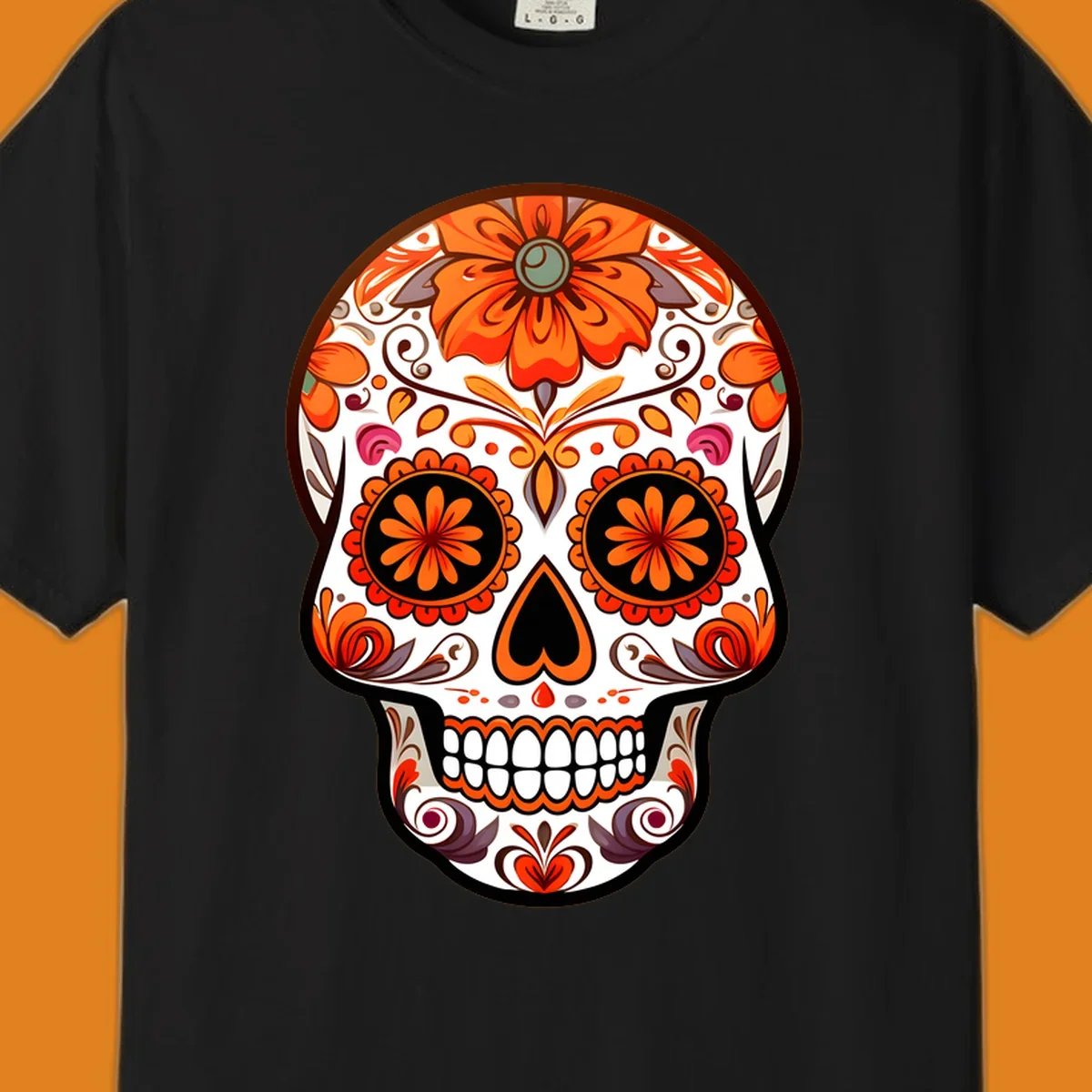 A detailed illustration of a vibrant floral-calavera-sugar-skull adorned with orange flowers, black eye sockets, and intricate swirls.