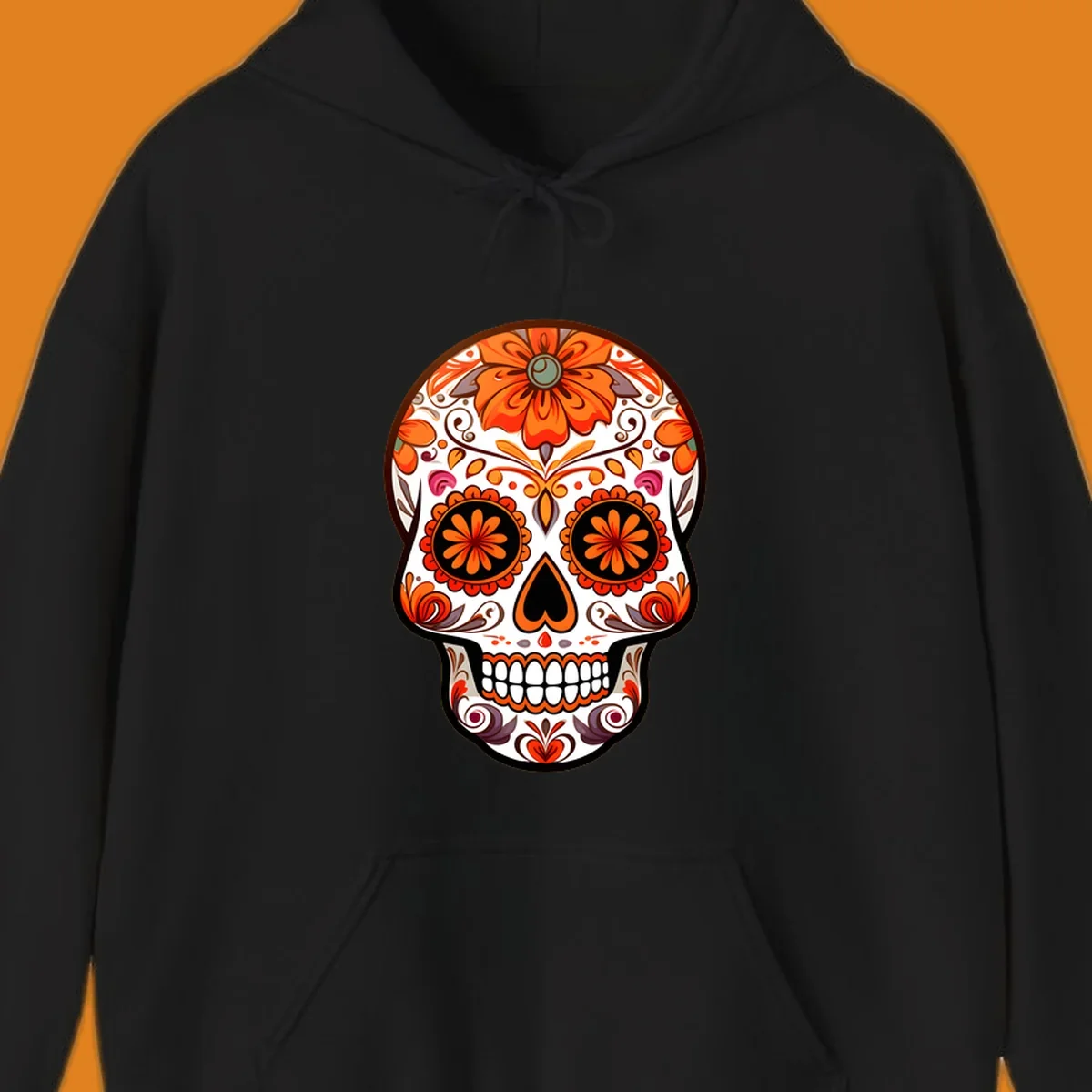 A detailed illustration of a vibrant floral-calavera-sugar-skull adorned with orange flowers, black eye sockets, and intricate swirls.