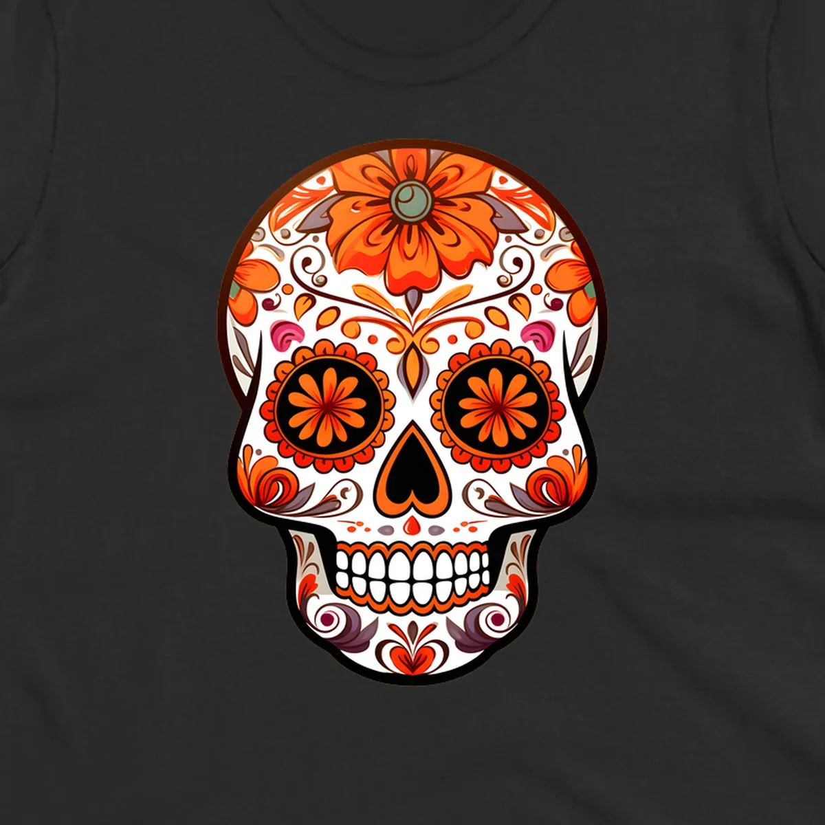A detailed illustration of a vibrant floral-calavera-sugar-skull adorned with orange flowers, black eye sockets, and intricate swirls.