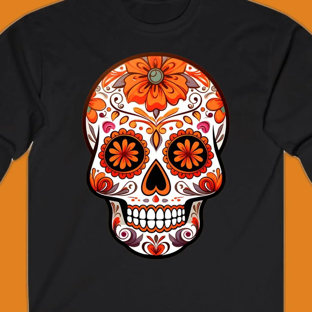 A detailed illustration of a vibrant floral-calavera-sugar-skull adorned with orange flowers, black eye sockets, and intricate swirls.