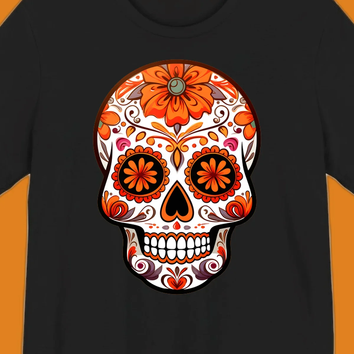 A detailed illustration of a vibrant floral-calavera-sugar-skull adorned with orange flowers, black eye sockets, and intricate swirls.