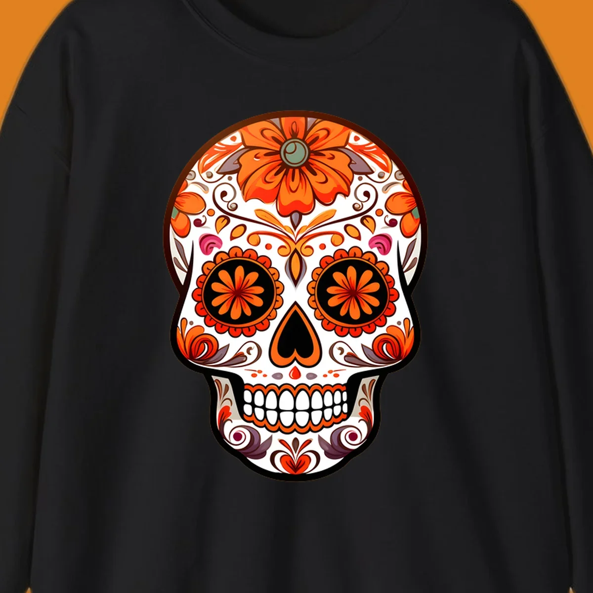 A detailed illustration of a vibrant floral-calavera-sugar-skull adorned with orange flowers, black eye sockets, and intricate swirls.