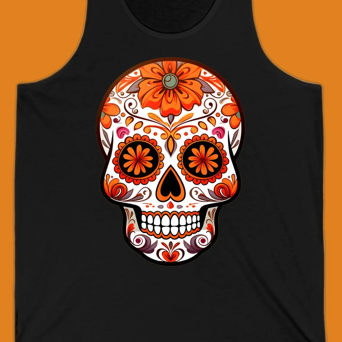 A detailed illustration of a vibrant floral-calavera-sugar-skull adorned with orange flowers, black eye sockets, and intricate swirls.