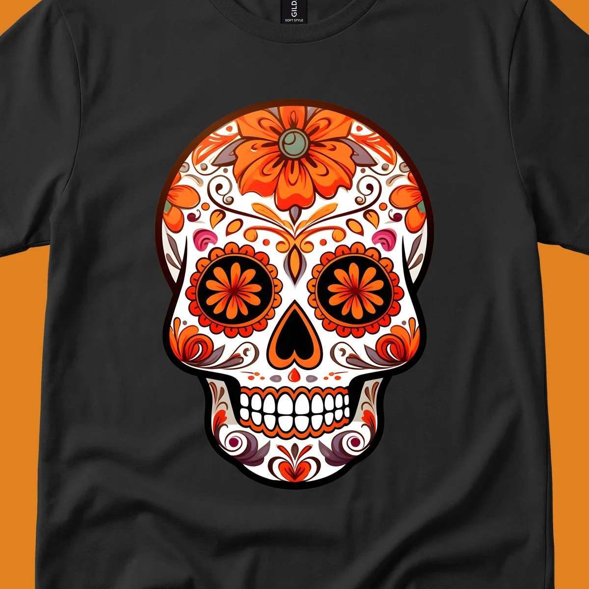 A detailed illustration of a vibrant floral-calavera-sugar-skull adorned with orange flowers, black eye sockets, and intricate swirls.