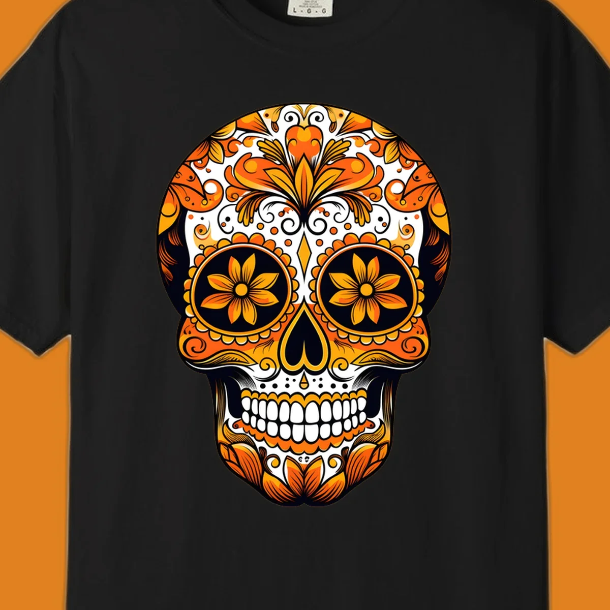 A vibrant marigold calavera skull illustration with intricate orange and yellow floral patterns on a black and white background.