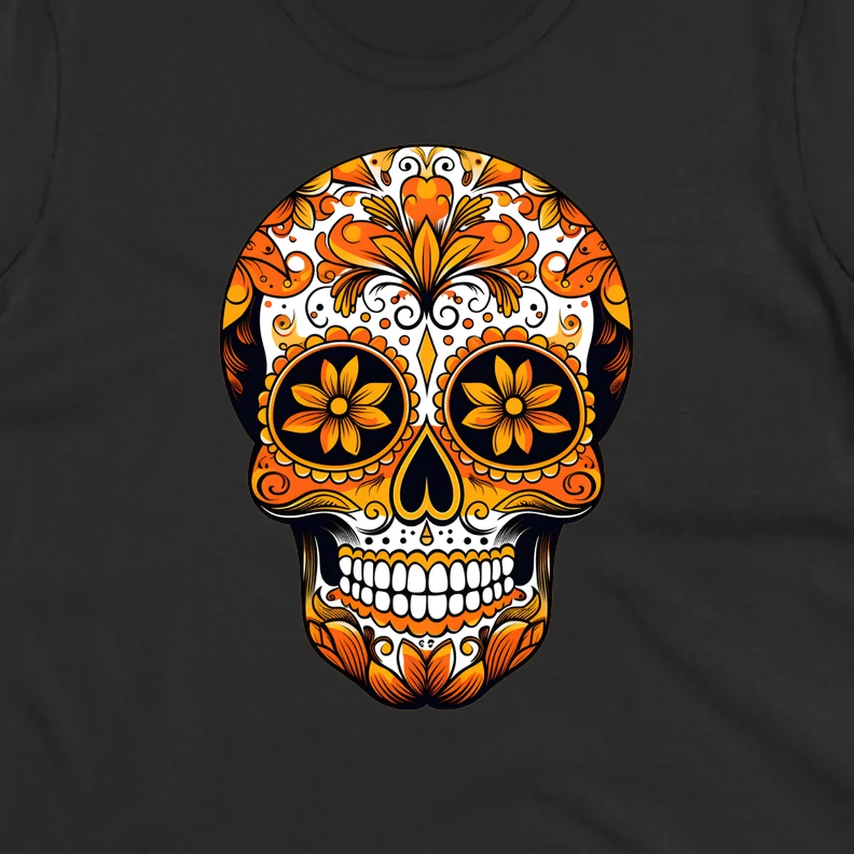A vibrant marigold calavera skull illustration with intricate orange and yellow floral patterns on a black and white background.