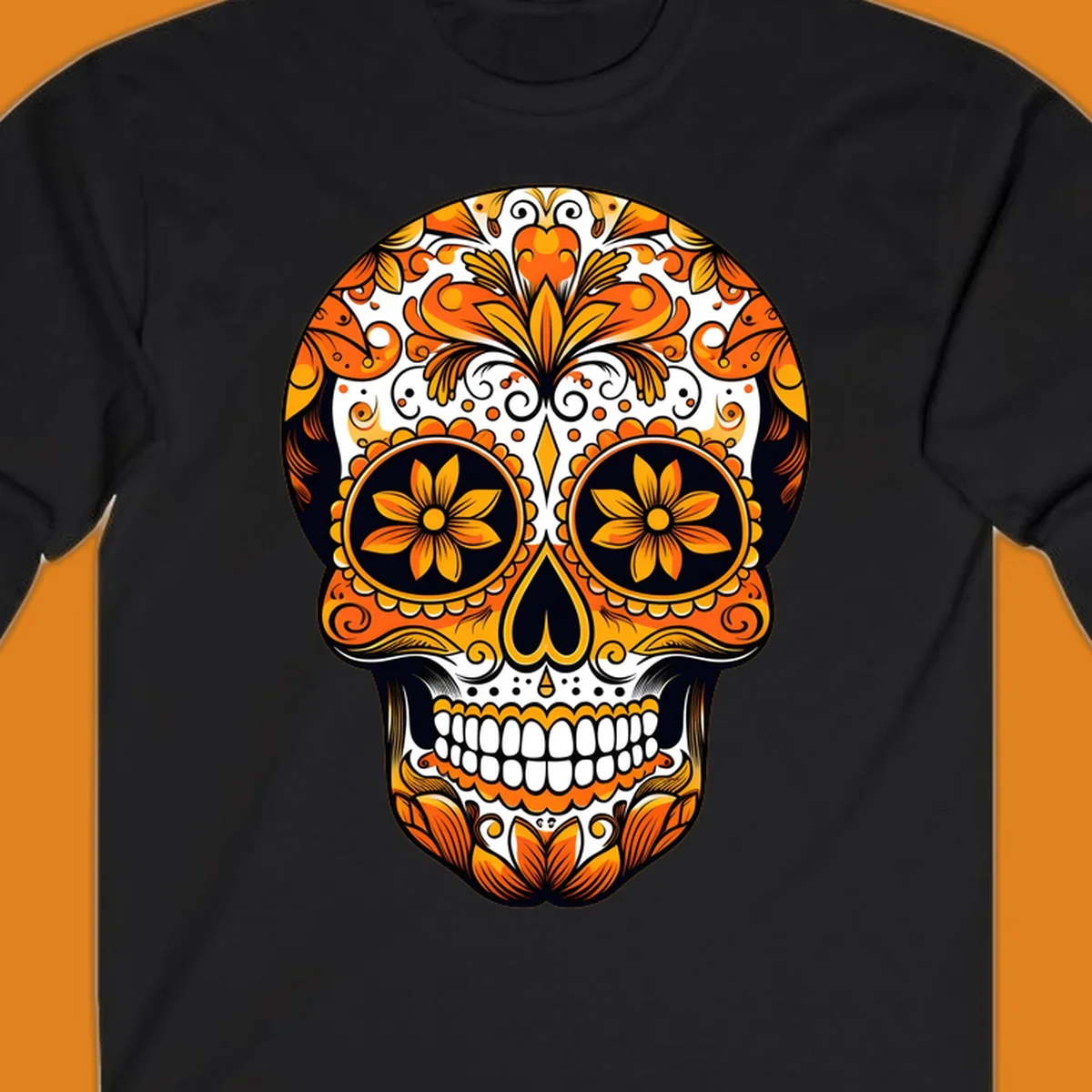 A vibrant marigold calavera skull illustration with intricate orange and yellow floral patterns on a black and white background.