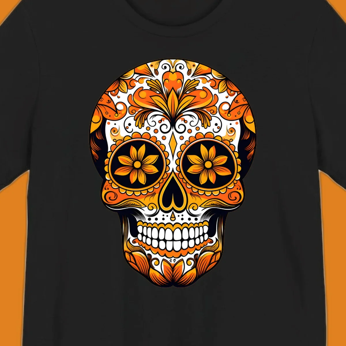 A vibrant marigold calavera skull illustration with intricate orange and yellow floral patterns on a black and white background.