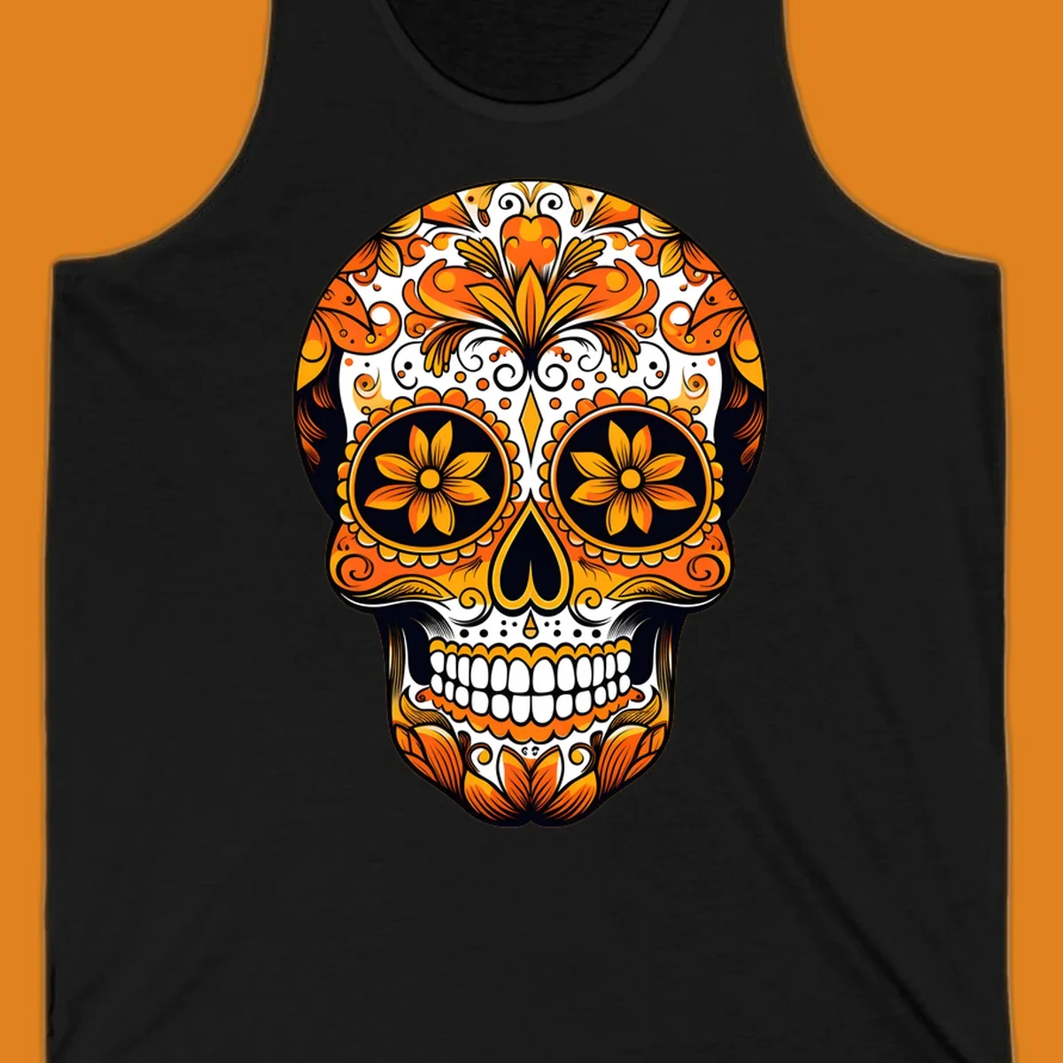 A vibrant marigold calavera skull illustration with intricate orange and yellow floral patterns on a black and white background.