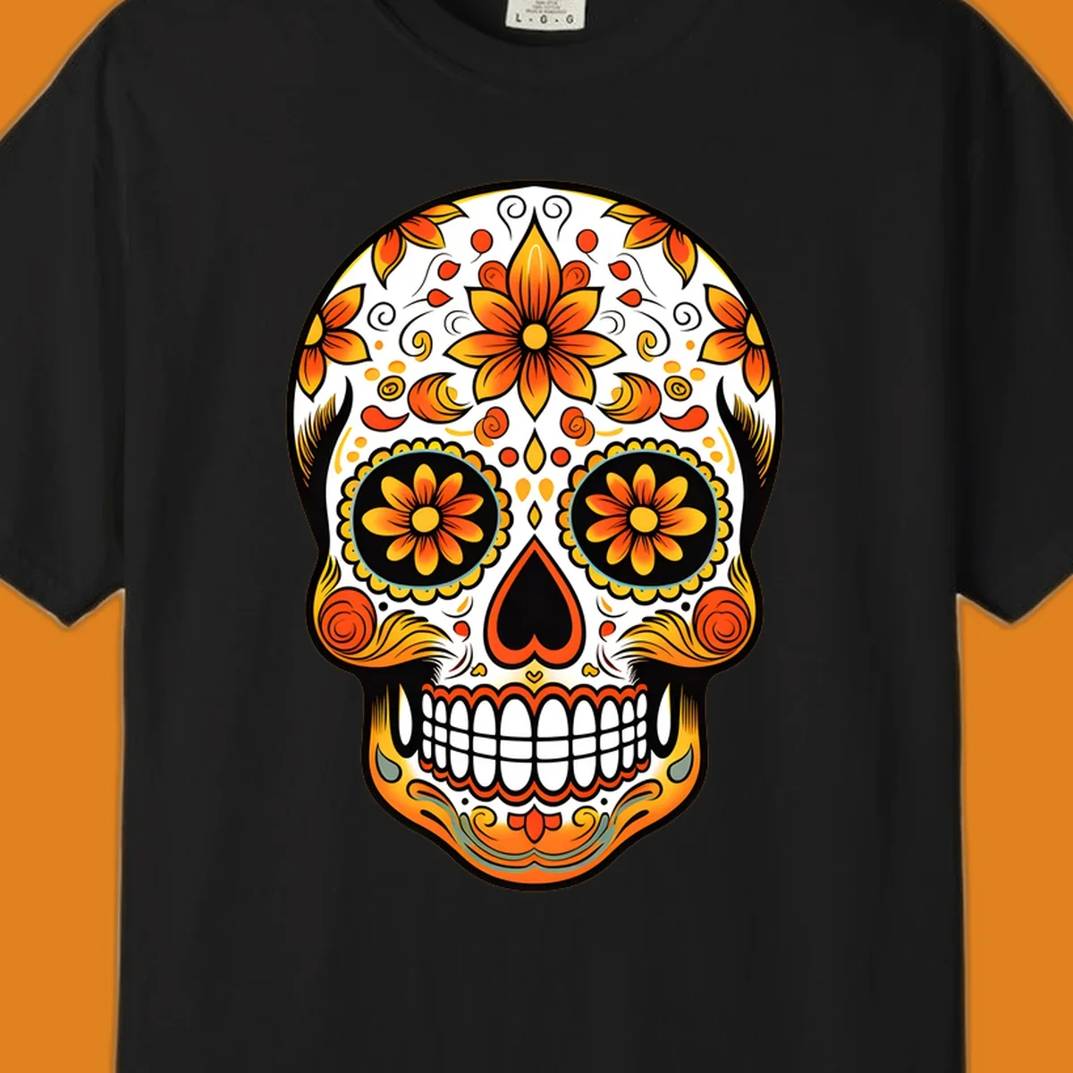 A vibrant marigold floral sugar skull illustration on a black background, featuring orange and yellow flowers, swirls, and teal accents.