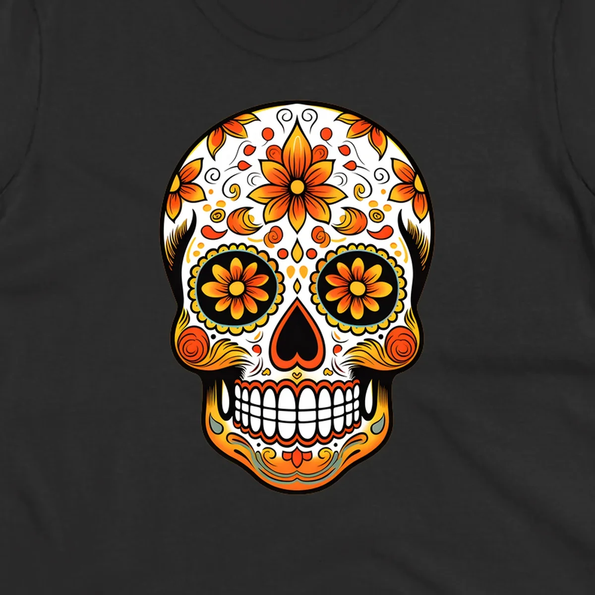 A vibrant marigold floral sugar skull illustration on a black background, featuring orange and yellow flowers, swirls, and teal accents.