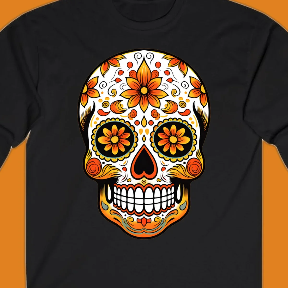 A vibrant marigold floral sugar skull illustration on a black background, featuring orange and yellow flowers, swirls, and teal accents.