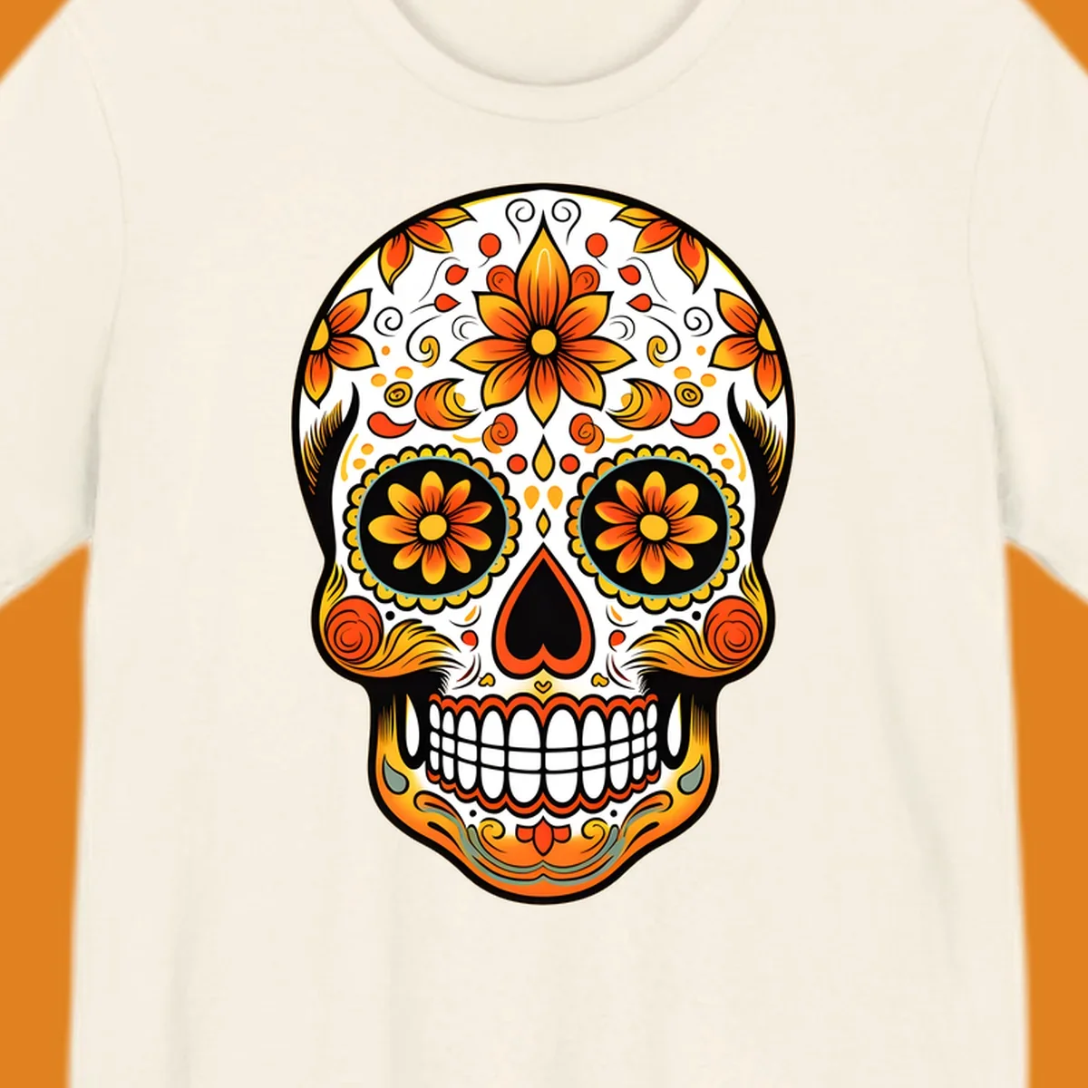 A vibrant marigold floral sugar skull illustration on a black background, featuring orange and yellow flowers, swirls, and teal accents.