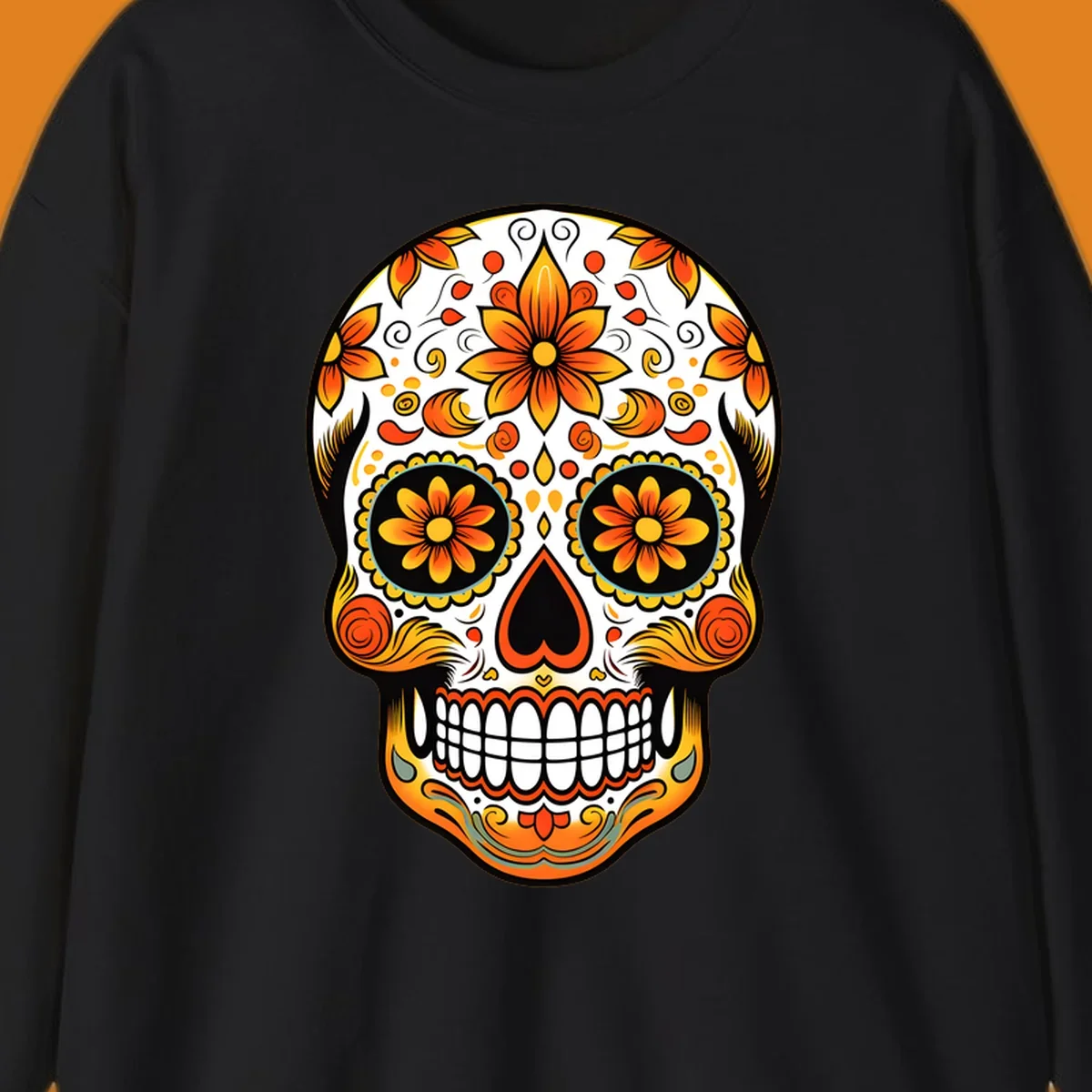 A vibrant marigold floral sugar skull illustration on a black background, featuring orange and yellow flowers, swirls, and teal accents.