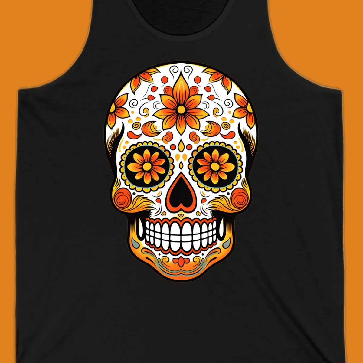 A vibrant marigold floral sugar skull illustration on a black background, featuring orange and yellow flowers, swirls, and teal accents.