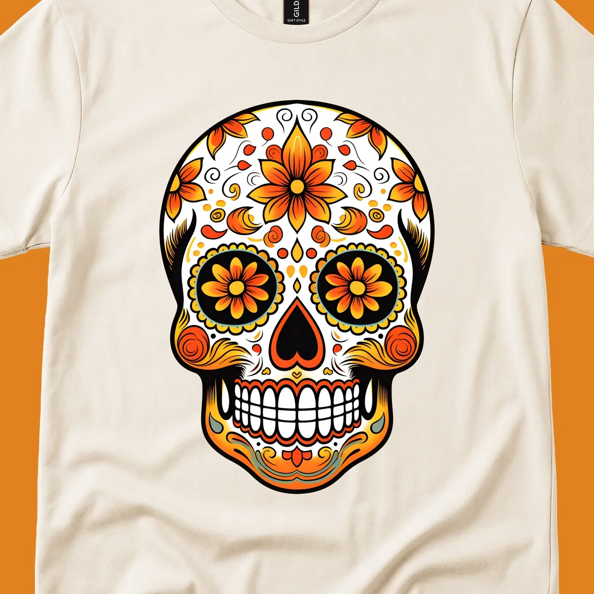 A vibrant marigold floral sugar skull illustration on a black background, featuring orange and yellow flowers, swirls, and teal accents.