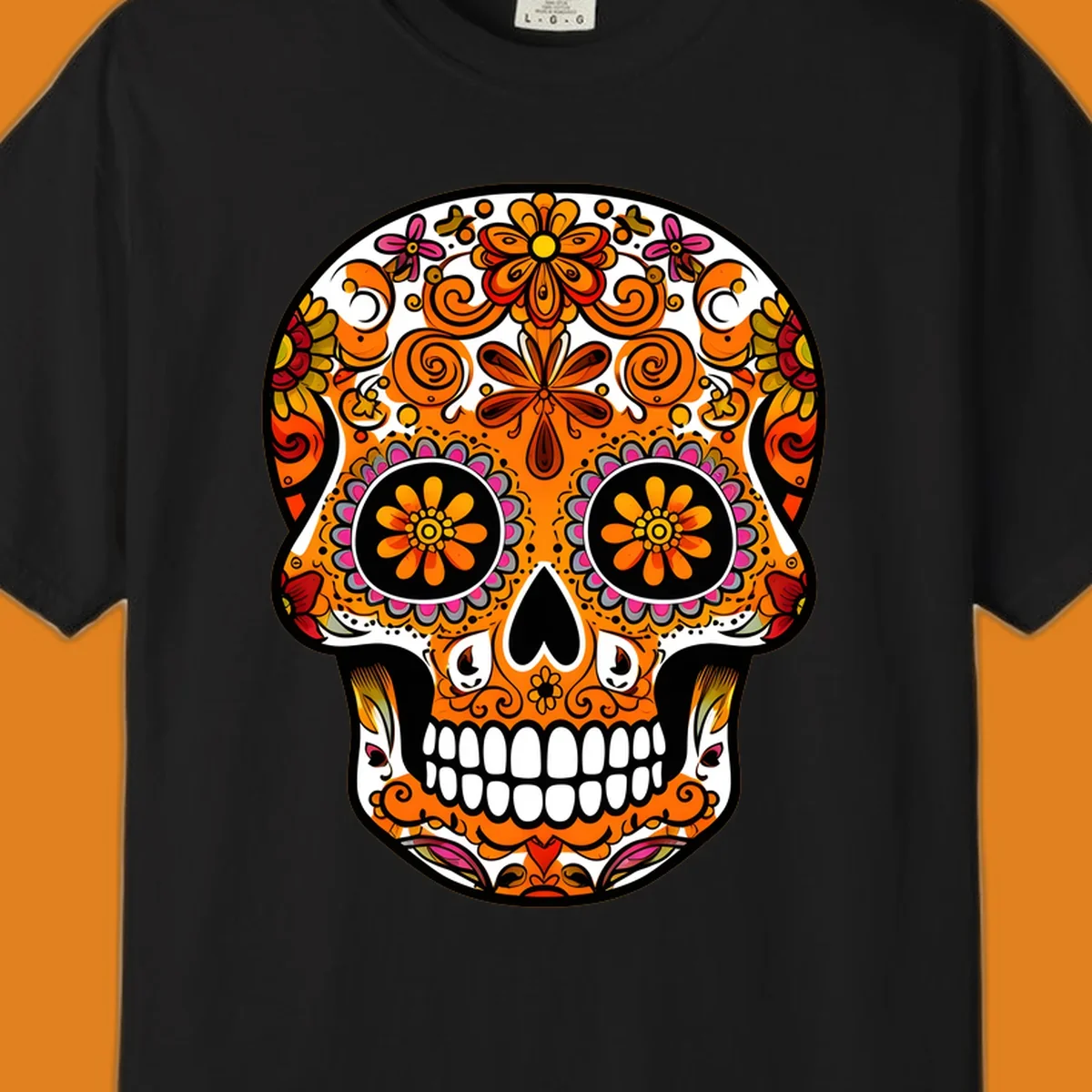 A vibrant, ornate floral calavera skull with orange, pink, yellow, and red patterns, outlined in white and black.