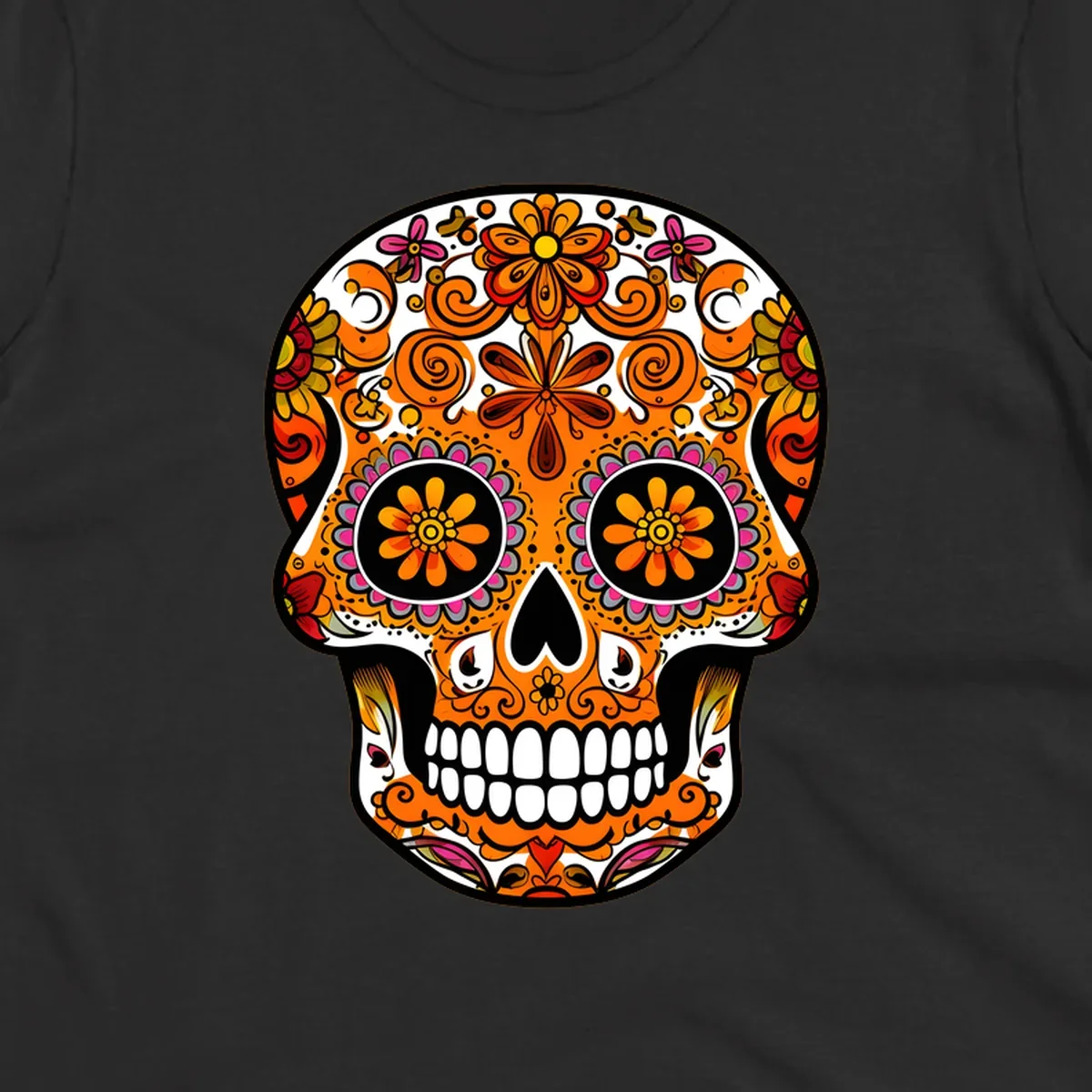 A vibrant, ornate floral calavera skull with orange, pink, yellow, and red patterns, outlined in white and black.